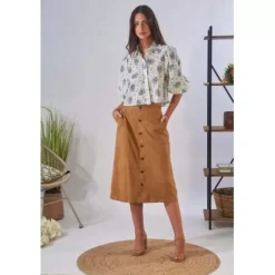 Skirts And Shorts*OAKWOOD Aliana Tan - Midi Skirt With Buttons In Genuine Goat Suede Leather