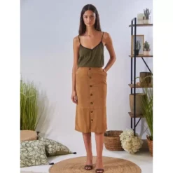 Skirts And Shorts*OAKWOOD Aliana Tan - Midi Skirt With Buttons In Genuine Goat Suede Leather