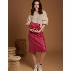 Skirts And Shorts*OAKWOOD Bamba Fuchsia - Straight Midi Skirt In Genuine Leather