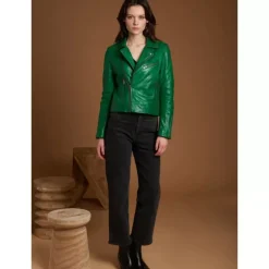 Biker Jackets*OAKWOOD Boogie Green- Refined Genuine Leather Jacket With Asymmetrical Closing