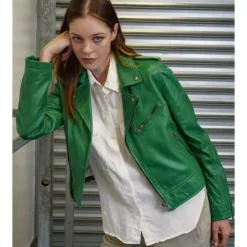 Biker Jackets*OAKWOOD Boogie Green- Refined Genuine Leather Jacket With Asymmetrical Closing