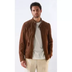 Jackets*OAKWOOD Chicago Cognac - Elegant Jacket In Genuine Leather With Mao Collar And Teddy Belt