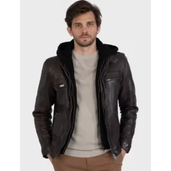 Jackets*OAKWOOD Drink Brown - Leather Jacket With Removable Hood