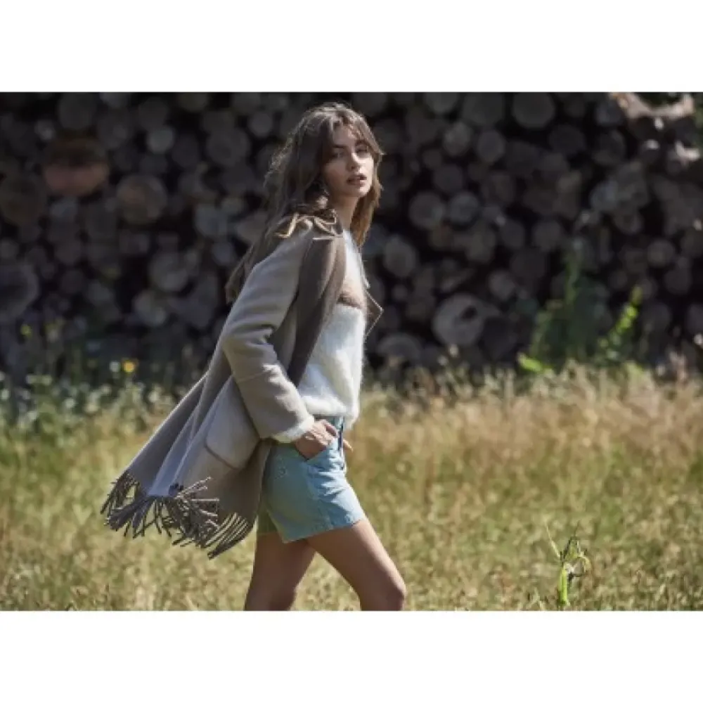 Coats*OAKWOOD Fabienne Bi Dark Khaki - Mid-Long Reversible Wool Coat With Fringes