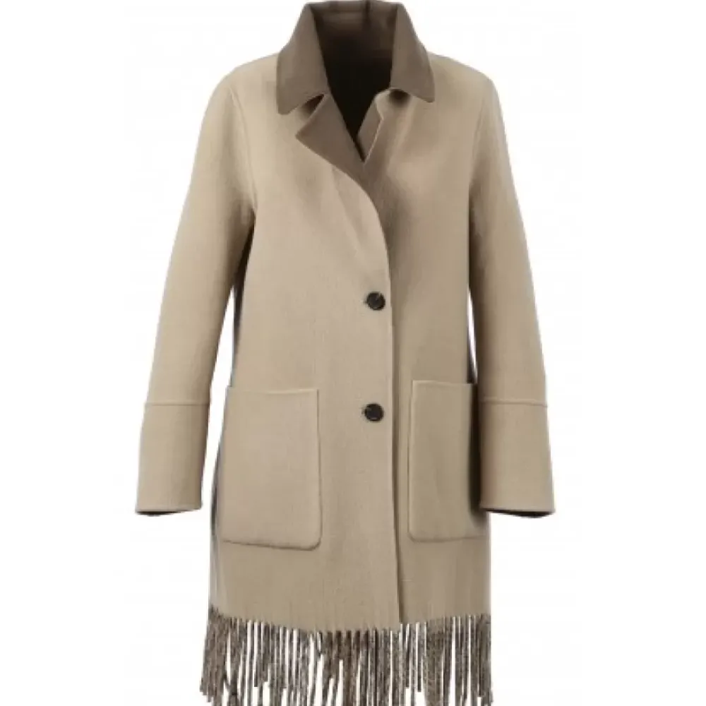 Coats*OAKWOOD Fabienne Bi Dark Khaki - Mid-Long Reversible Wool Coat With Fringes