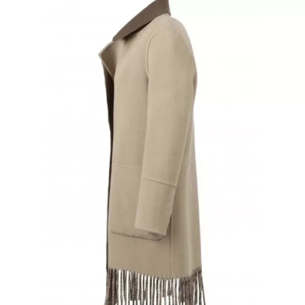 Coats*OAKWOOD Fabienne Bi Dark Khaki - Mid-Long Reversible Wool Coat With Fringes