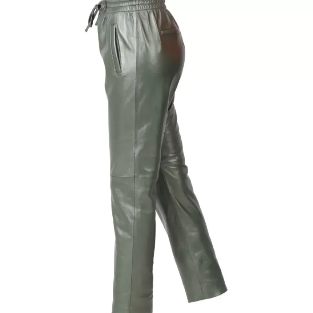 Trousers*OAKWOOD Gift Metal Dark Green - Genuine Leather Jogpants
