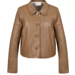 Jackets*OAKWOOD Grace Coffee - Genuine Leather Short Jacket With Buttons