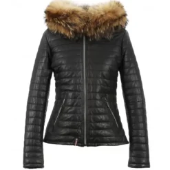 Downjackets*OAKWOOD Happy Black - Real Fur Hooded Genuine Leather Jacket