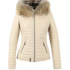 Downjackets*OAKWOOD Happy Eggshell- Real Fur Hooded Genuine Leather Jacket