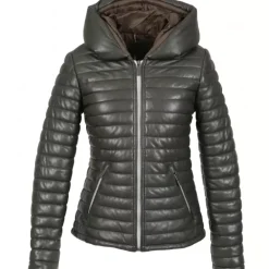 Downjackets*OAKWOOD Hyper Dark Khaki - Short Genuine Leather Down Jacket Lapel Hood