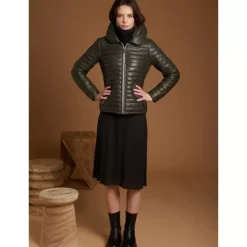 Downjackets*OAKWOOD Hyper Dark Khaki - Short Genuine Leather Down Jacket Lapel Hood