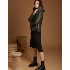 Downjackets*OAKWOOD Hyper Dark Khaki - Short Genuine Leather Down Jacket Lapel Hood