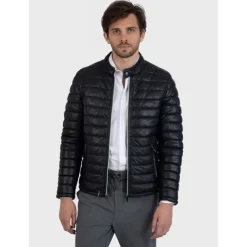 Down Jackets*OAKWOOD Julien Black - Genuine Leather Down Jacket With Press Buttoned Mandarin Collar
