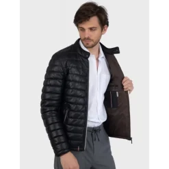 Down Jackets*OAKWOOD Julien Black - Genuine Leather Down Jacket With Press Buttoned Mandarin Collar