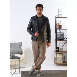 Jackets*OAKWOOD Soldier Black - Genuine Leather Biker Jacket With Asymmetrical Closure And Washed Effect