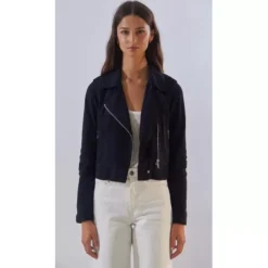 Biker Jackets*OAKWOOD Zulina Navy - Genuine Goat Suede Cropped Biker Jacket