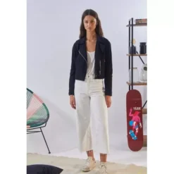 Biker Jackets*OAKWOOD Zulina Navy - Genuine Goat Suede Cropped Biker Jacket